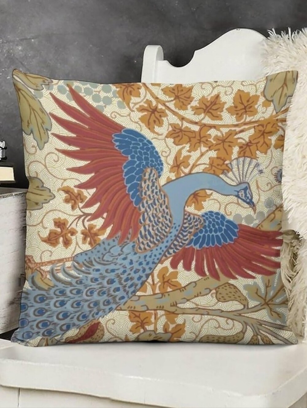 Decorative Blue and Rust Peacock Throw Pillow Cover- Home Accents
